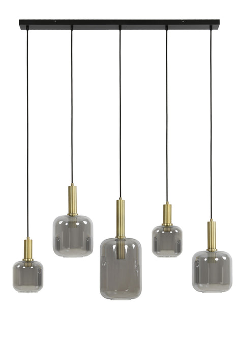 Hanglamp Lekar 5L 110x22x32 cm Antiek Brons en Rookglas